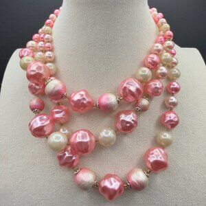Vintage Japan Pink Graduated Faux Pearl Multi Strand Necklace 3 Row Beads